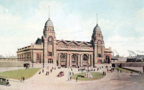 An old postcard of Worcester Union Station with towers